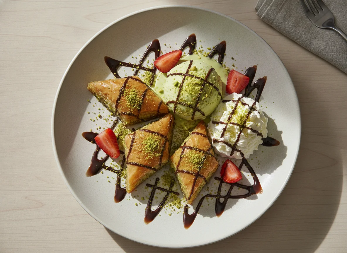 Baklava mit Pistazien-Eis und Erdbeeren photo