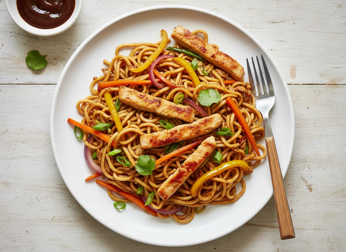 Bami goreng mit Putenstreifen photo