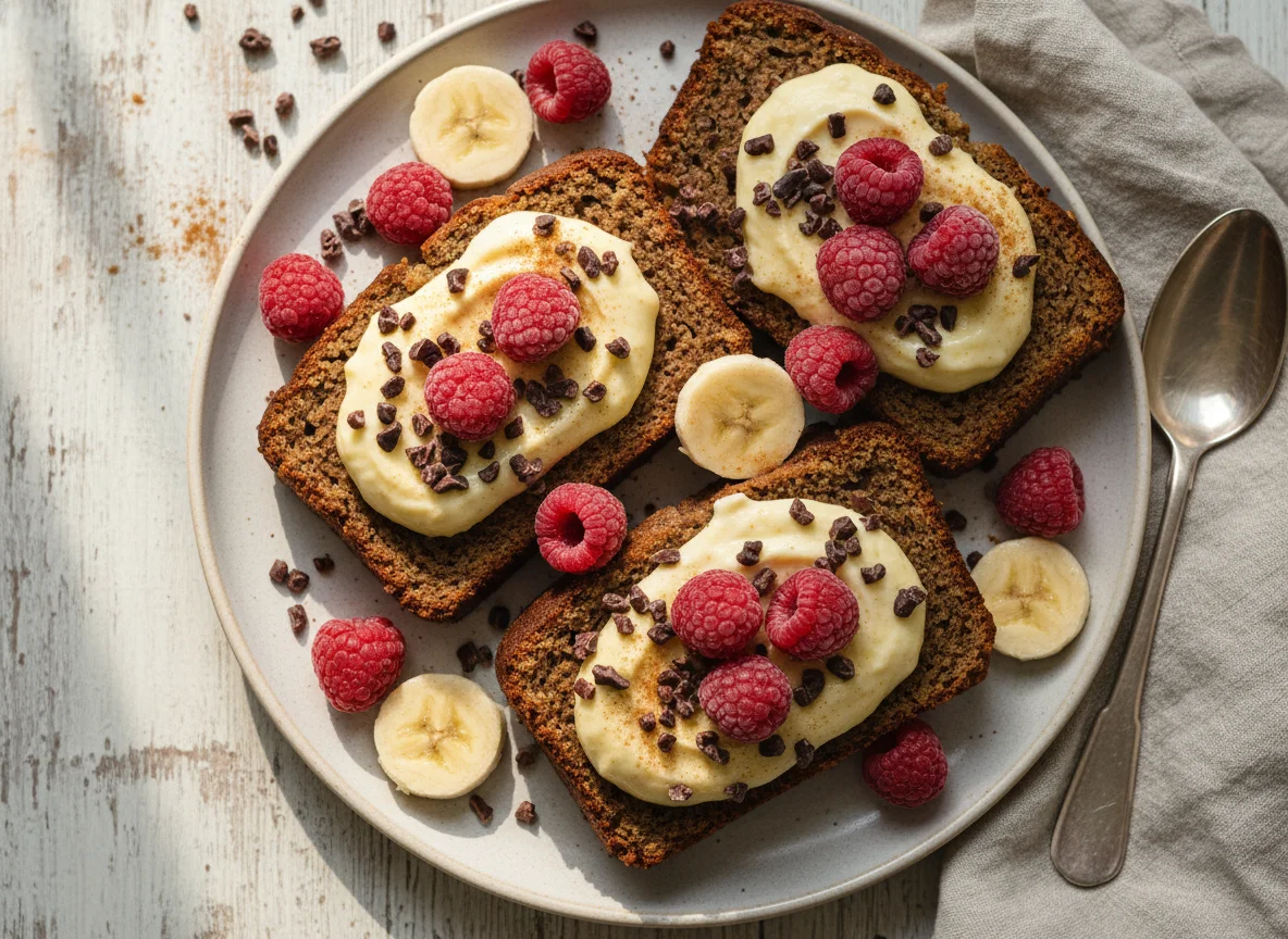 Bananenbrot mit Joghurt, Himbeeren und Kakaonibs photo