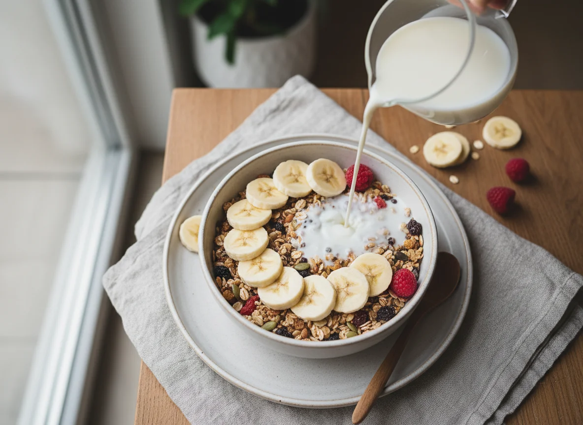 Bananen-Müsli mit Milch photo