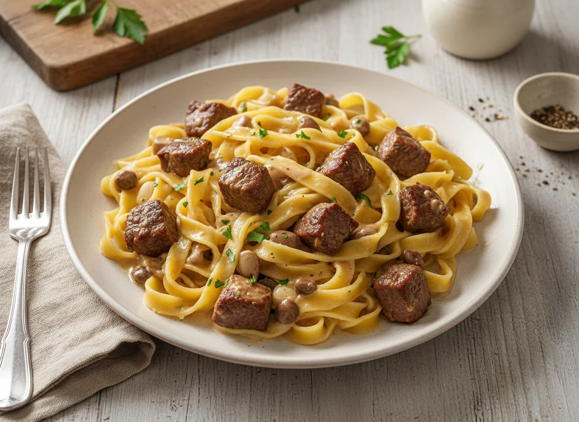 Bandnudeln mit Fleisch und Sauce photo