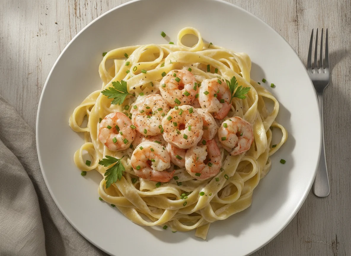 Bandnudeln mit Garnelen in Sahnesauce photo