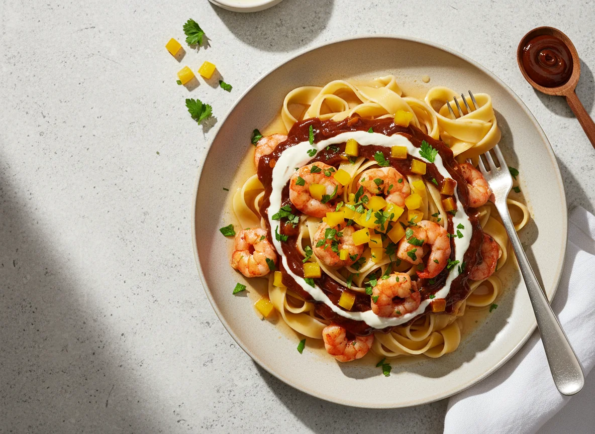 Bandnudeln mit Garnelen und Hoisin-Sauce photo