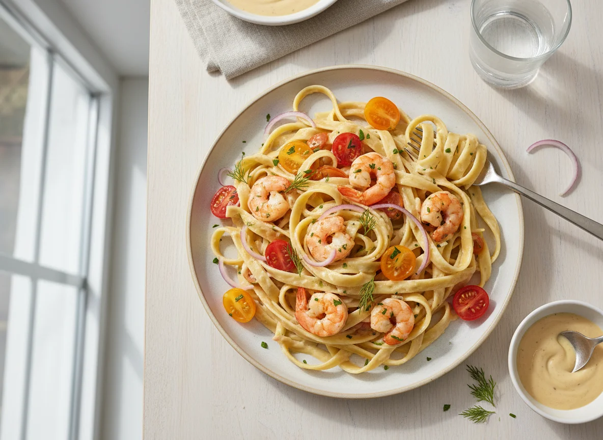 Bandnudeln mit Garnelen und Rahmsauce photo