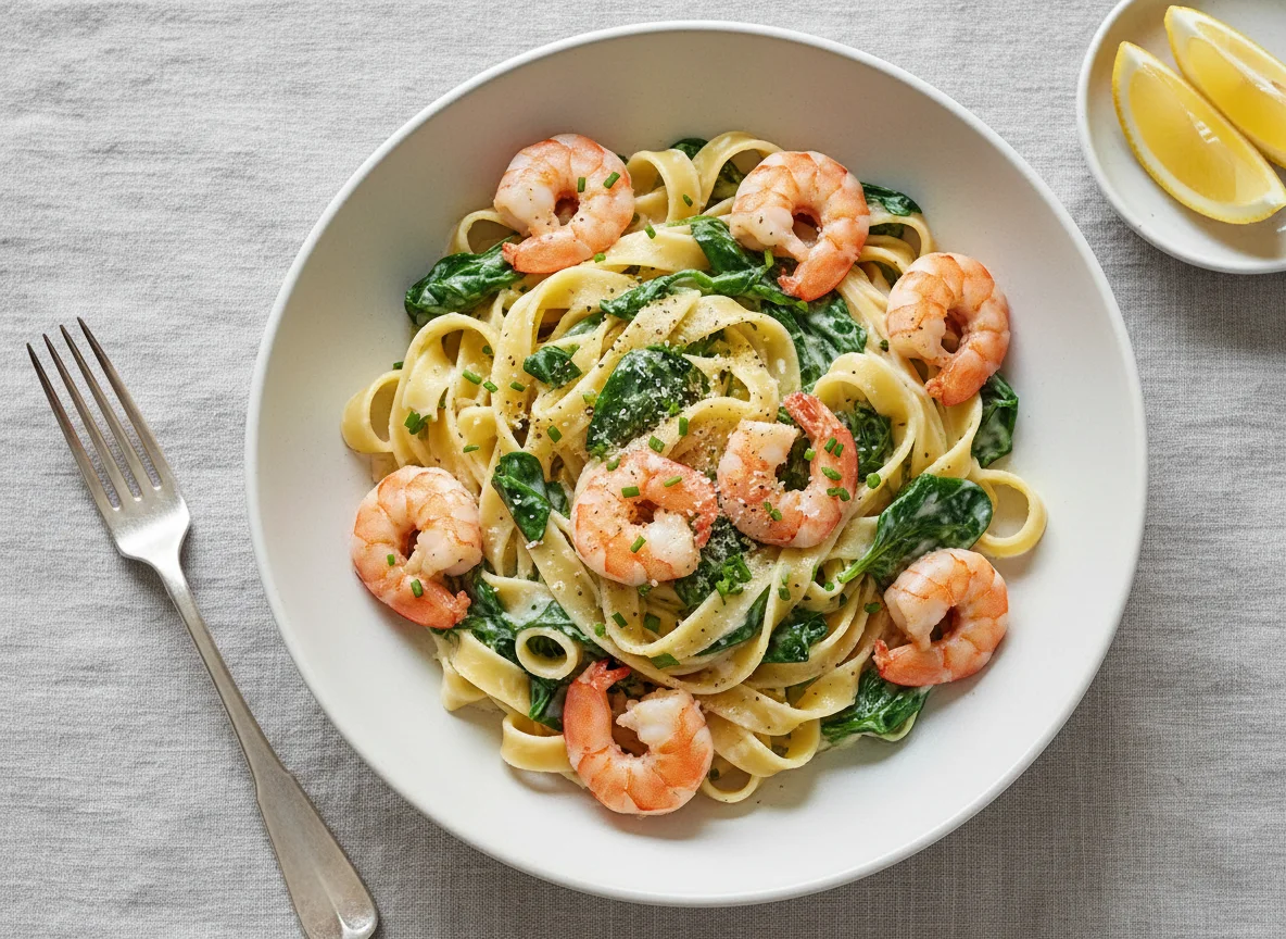 Bandnudeln mit Garnelen und Spinat in Sahnesauce photo