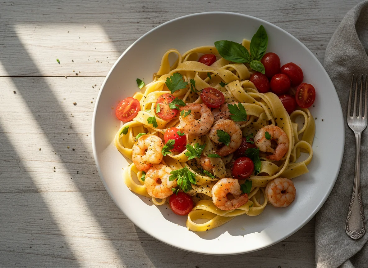 Bandnudeln mit Garnelen und Tomaten photo