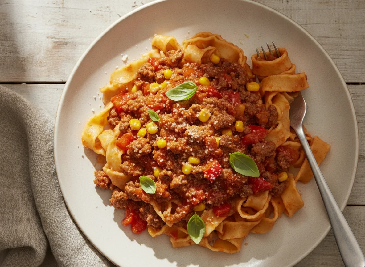 Bandnudeln mit Hackfleisch-Gemüse-Sauce photo