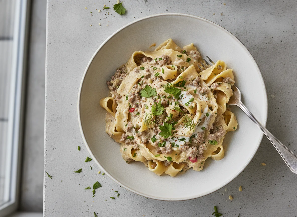 Bandnudeln mit Hackfleisch-Sahnesauce photo