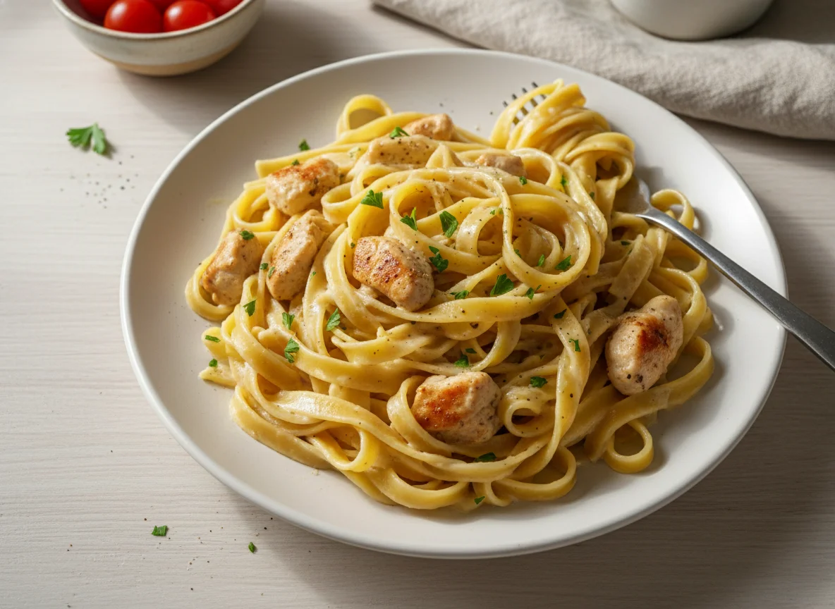 Bandnudeln mit Hähnchen in Sahnesauce photo