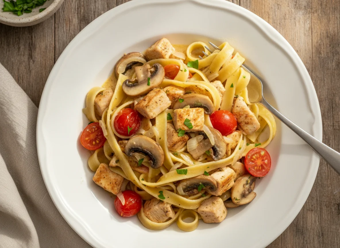 Bandnudeln mit Hähnchen, Pilzen und Tomaten photo