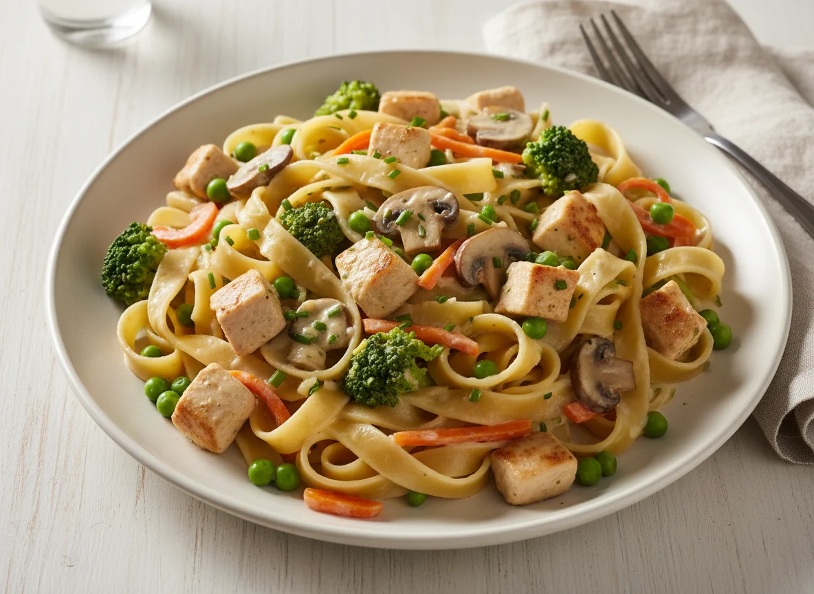 Bandnudeln mit Hähnchen und Gemüse in Sahnesauce photo