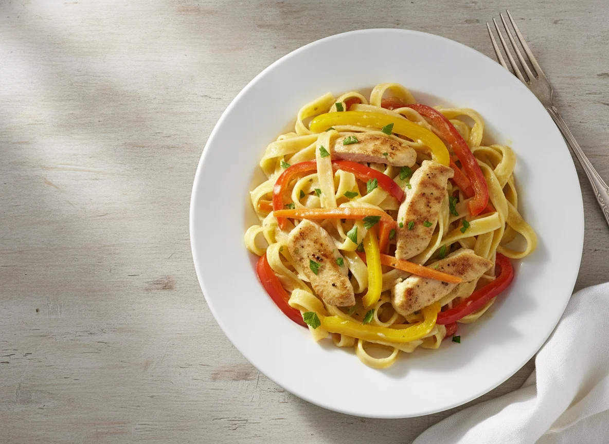 Bandnudeln mit Hähnchen und Paprika photo