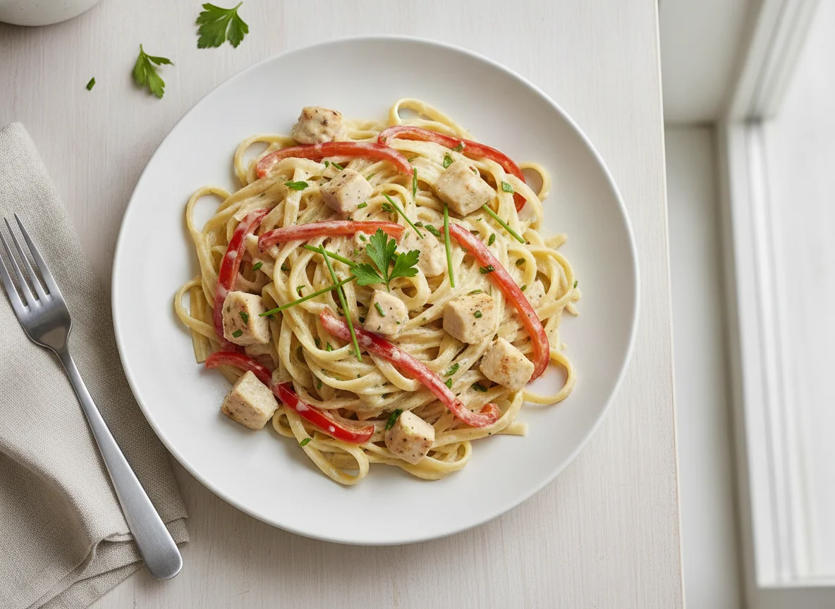 Bandnudeln mit Hähnchen-Sahne-Sauce photo