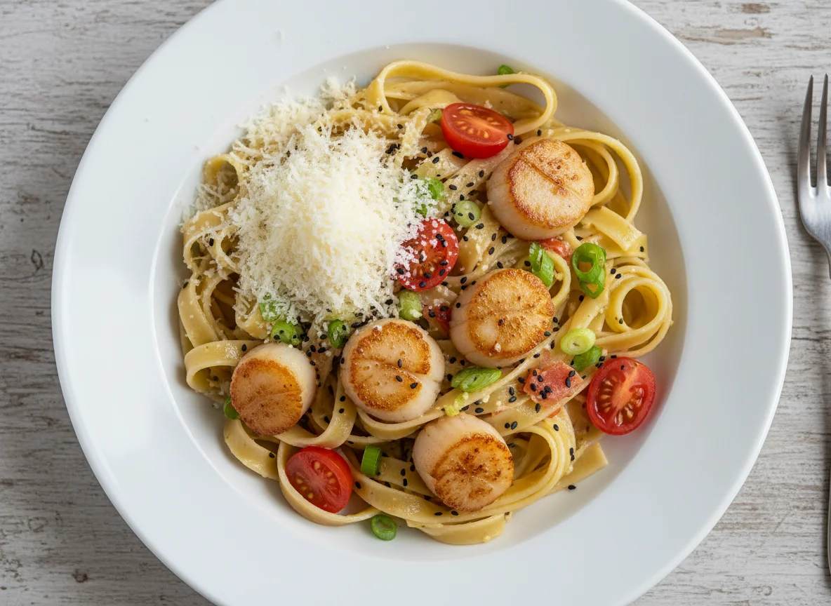 Bandnudeln mit Jakobsmuscheln und Parmesan photo