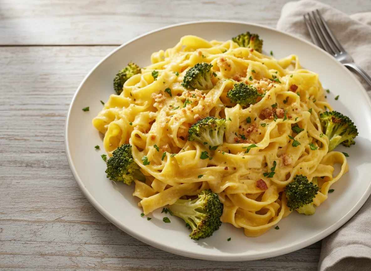 Bandnudeln mit Käsesauce und Brokkoli photo