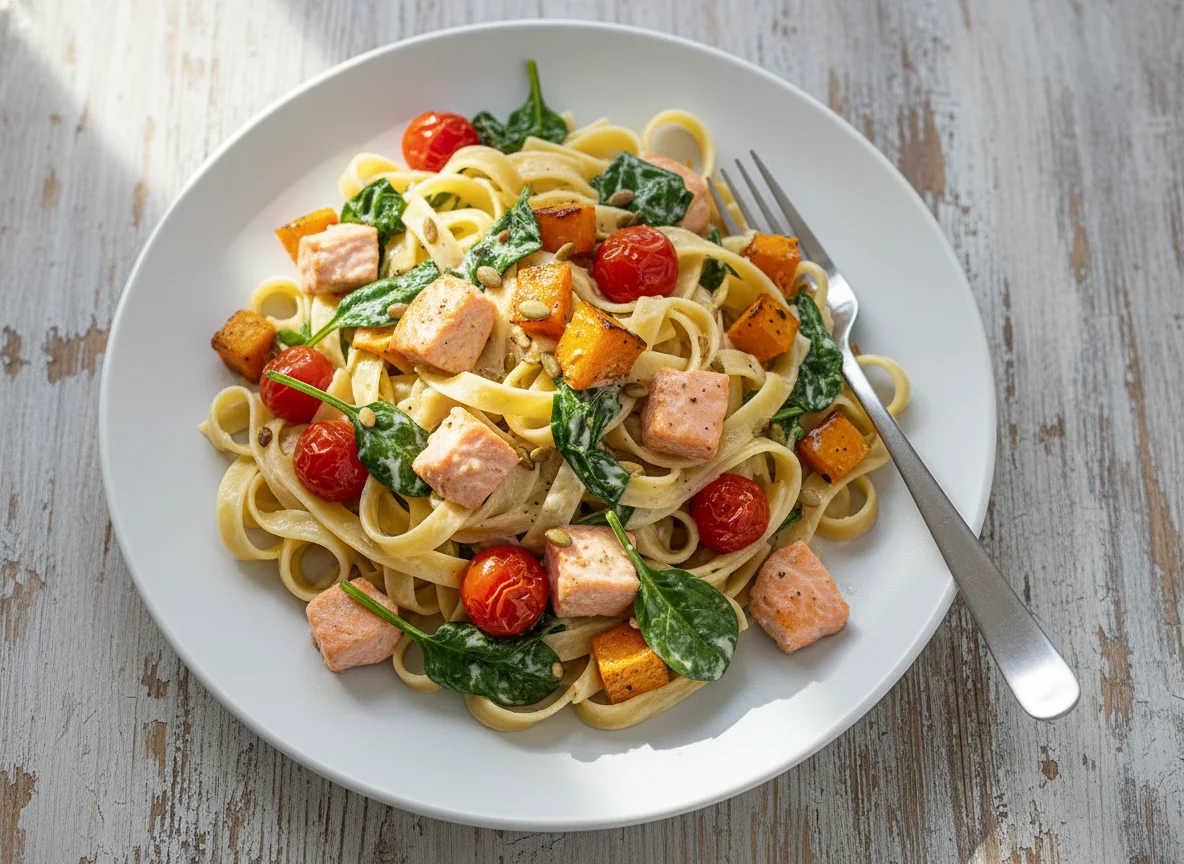 Bandnudeln mit Lachs, Kürbis, Spinat und Kirschtomaten photo