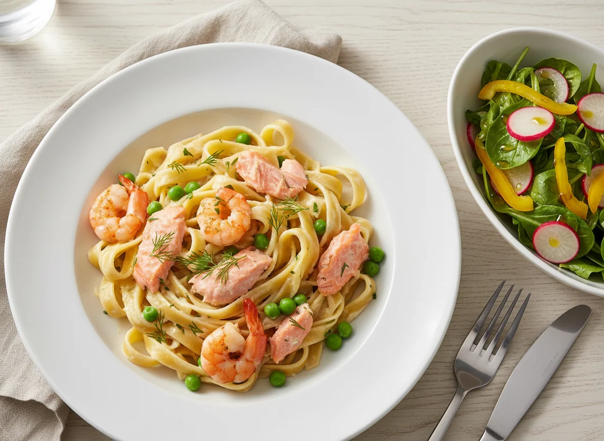 Bandnudeln mit Lachs und Garnelen mit Beilagensalat photo