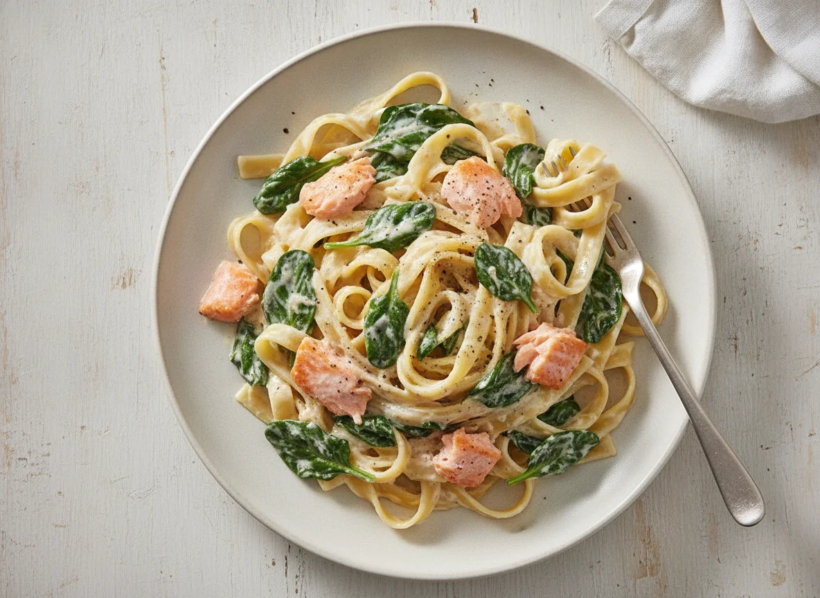 Bandnudeln mit Lachs und Spinat in Sahnesauce photo