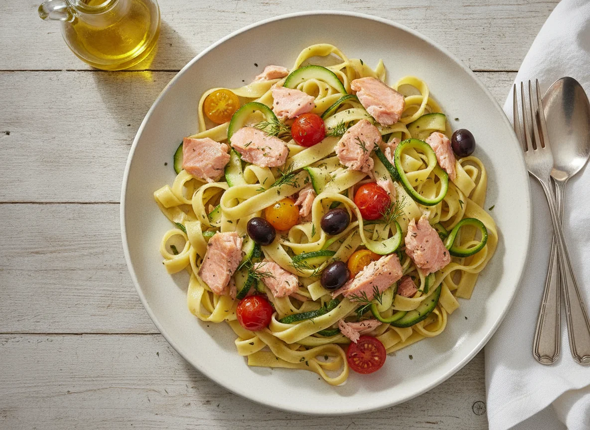 Bandnudeln mit Lachs und Zucchini photo