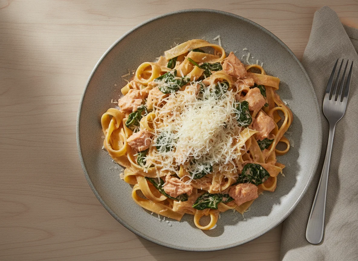 Bandnudeln mit Lachs-Sahnesauce und Parmesan photo