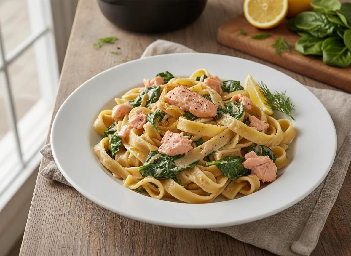 Bandnudeln mit Lachs-Spinat-Sahnesauce photo