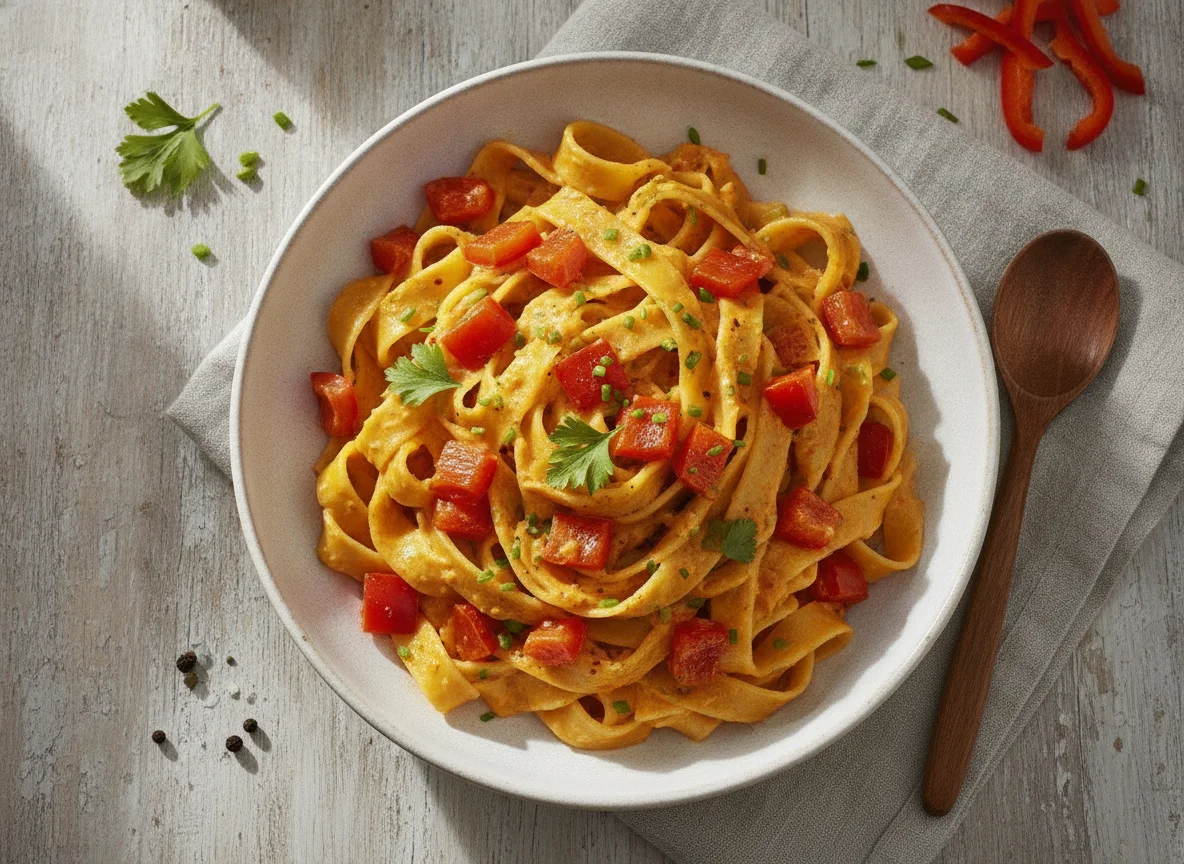 Bandnudeln mit Paprika-Sahnesauce photo