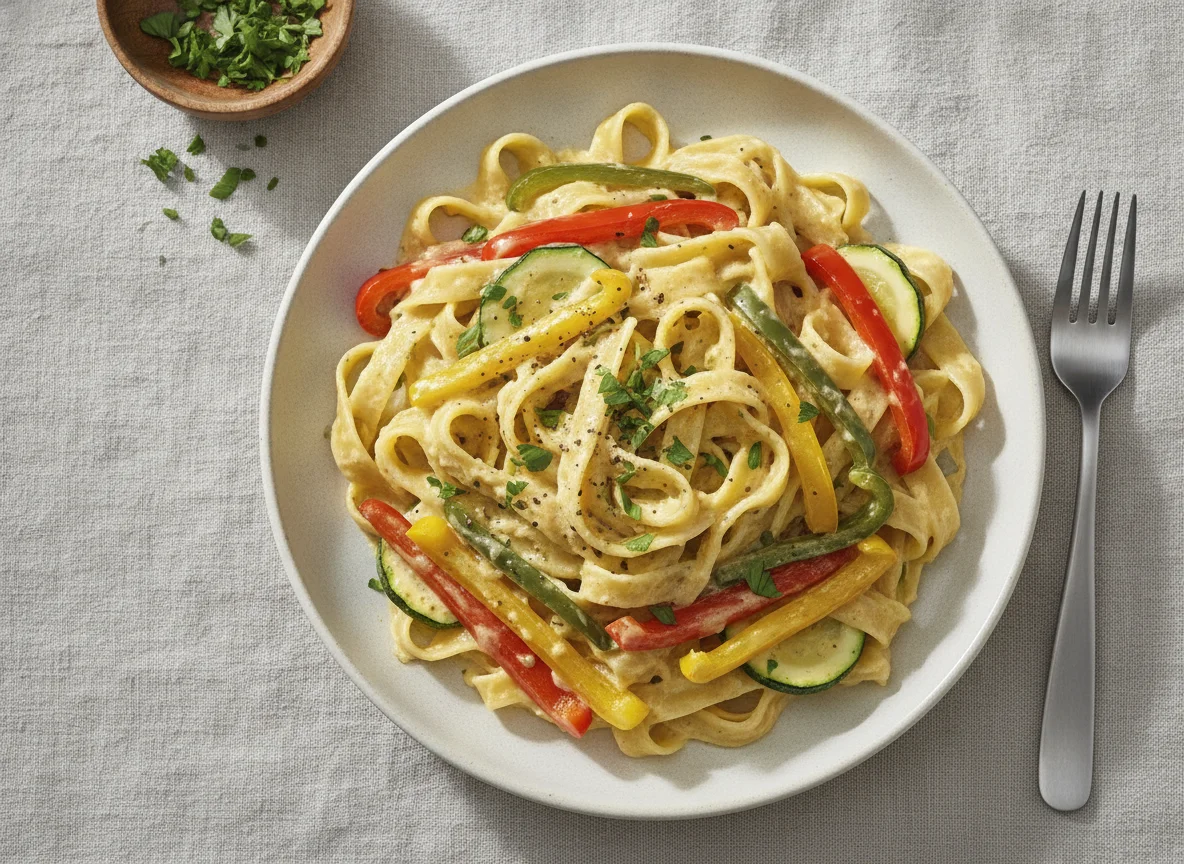 Bandnudeln mit Sahnesauce und Gemüse photo