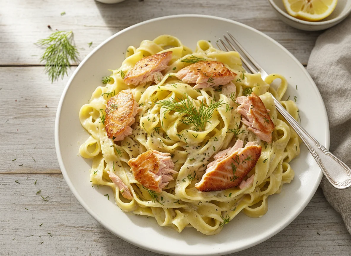 Bandnudeln mit Sahnesauce und Lachs photo