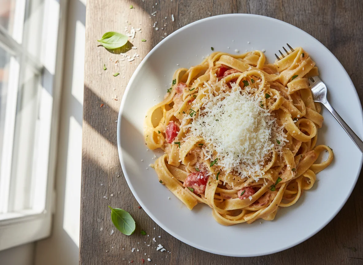 Bandnudeln mit Sahnesauce und Parmesan photo