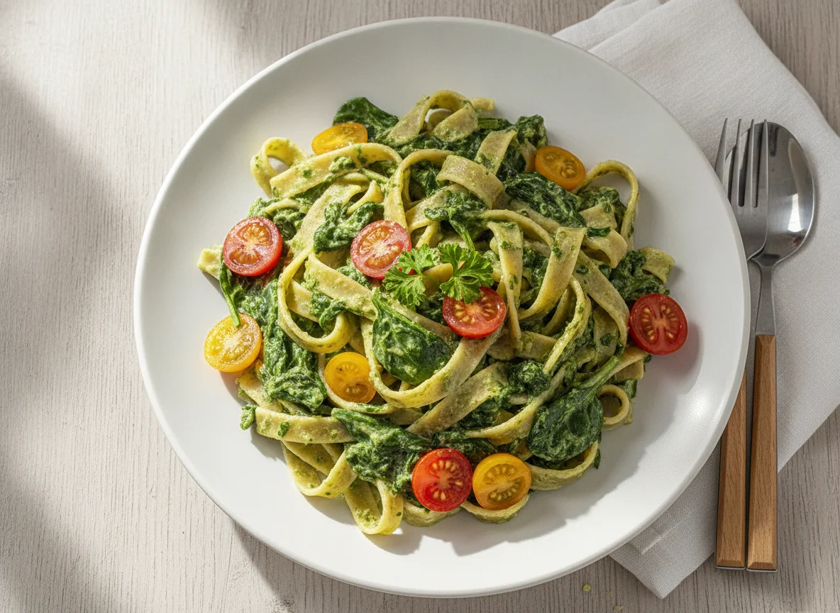 Bandnudeln mit Spinat-Sahnesauce und Kirschtomaten photo