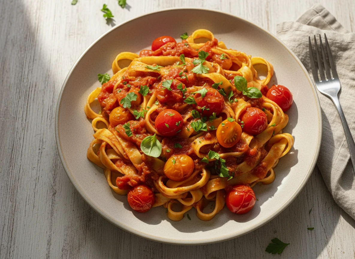 Bandnudeln mit Tomatensauce und Kirschtomaten photo