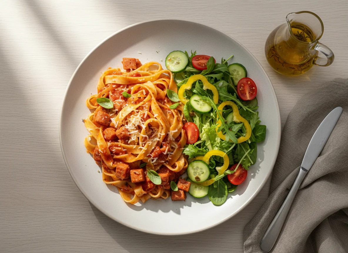 Bandnudeln mit Tomaten-Wurst-Sauce und Beilagensalat photo
