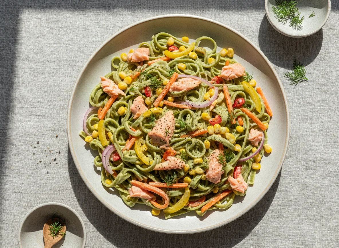 Bandnudelsalat mit Lachs und Gemüse photo