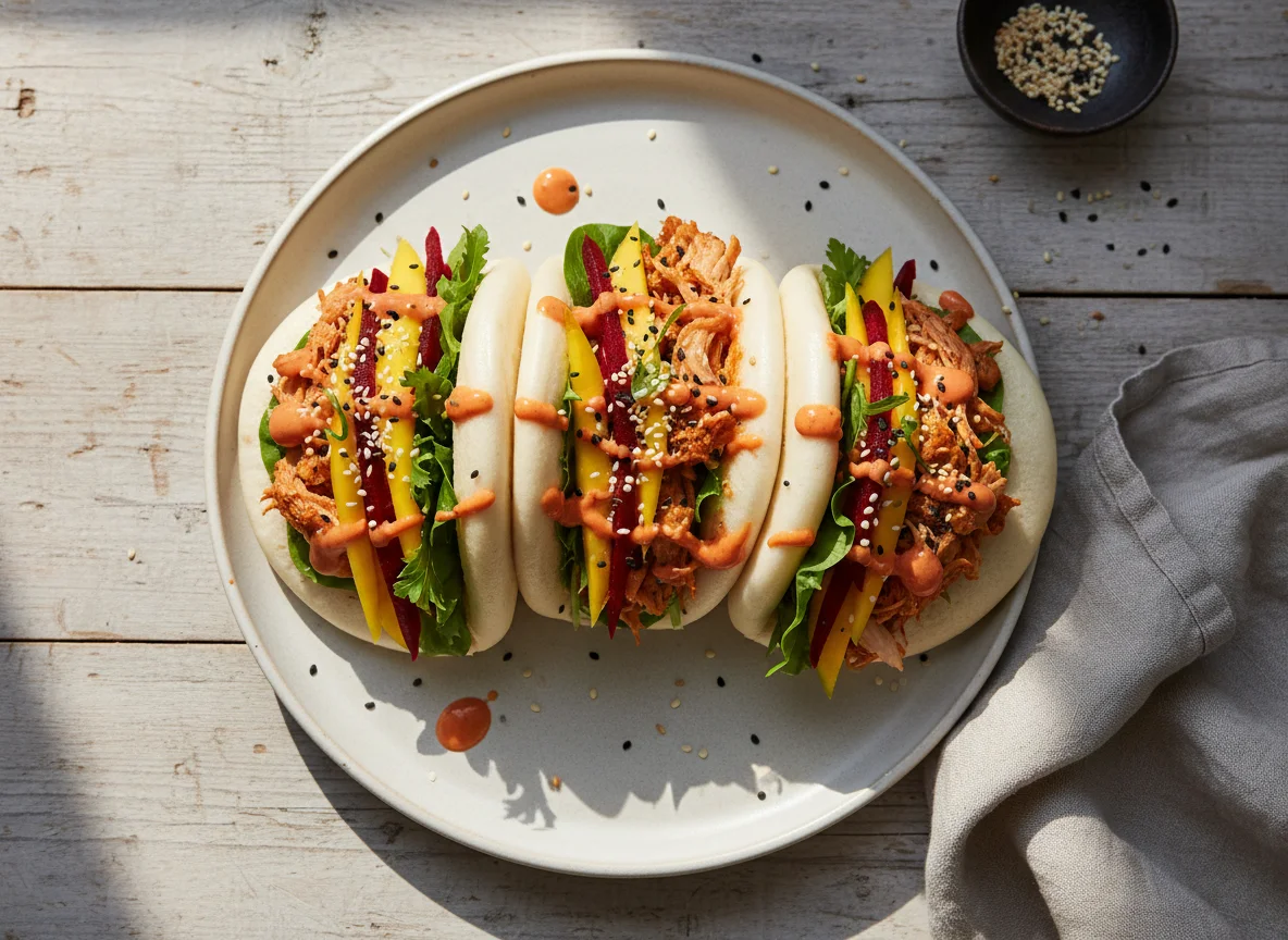 Bao Bun mit Pulled Chicken und Salat photo