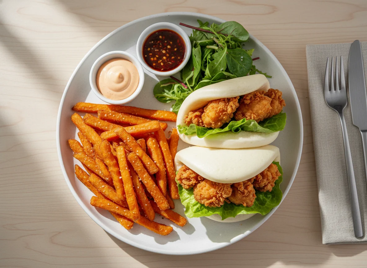 Bao Bun mit Süßkartoffelpommes und Saucen photo