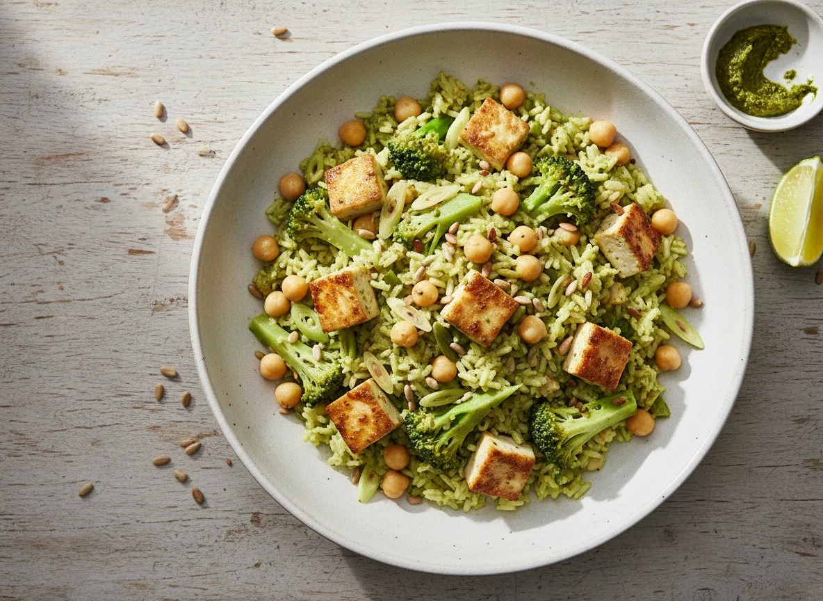 Basmatireis mit Kokosnussmilch, Brokkoli und Tofu photo