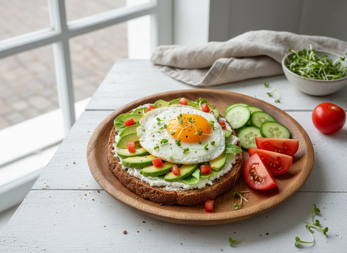 Bauernbrot mit Avocado, Tomaten und Spiegelei photo
