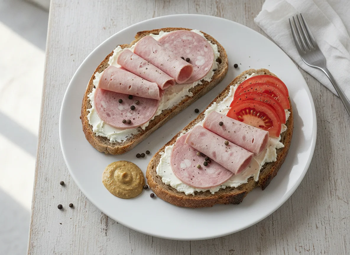 Bauernbrot mit Bierschinken und Tomate photo