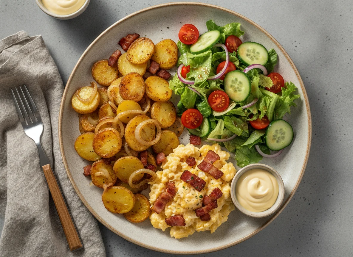 Bauernfrühstück mit Bratkartoffeln und Beilagensalat photo