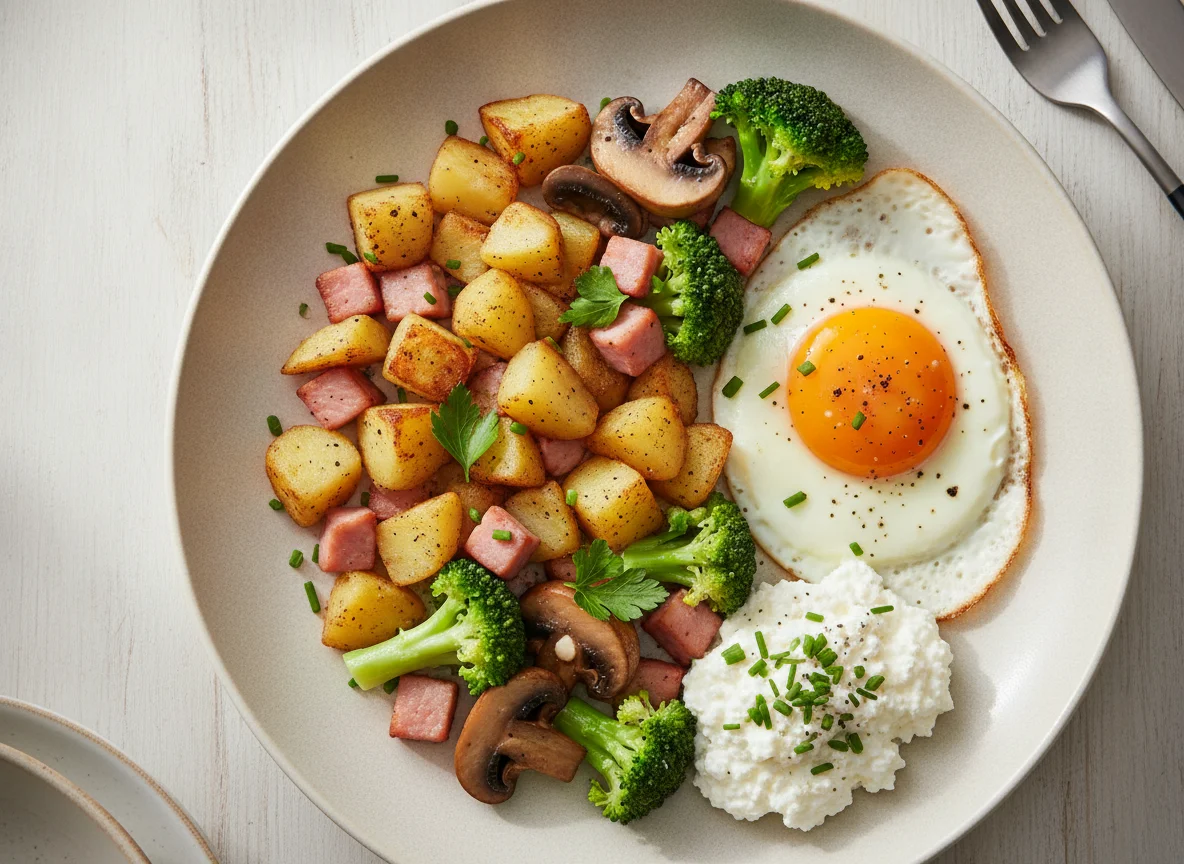 Bauernfrühstück mit Spiegelei und Hüttenkäse photo