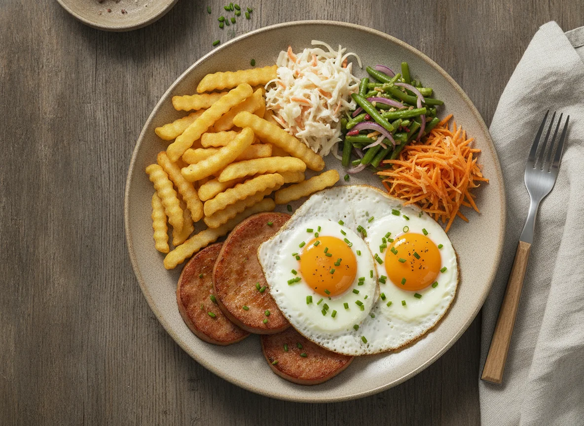 Bauernfrühstück mit Spiegelei und Pommes photo