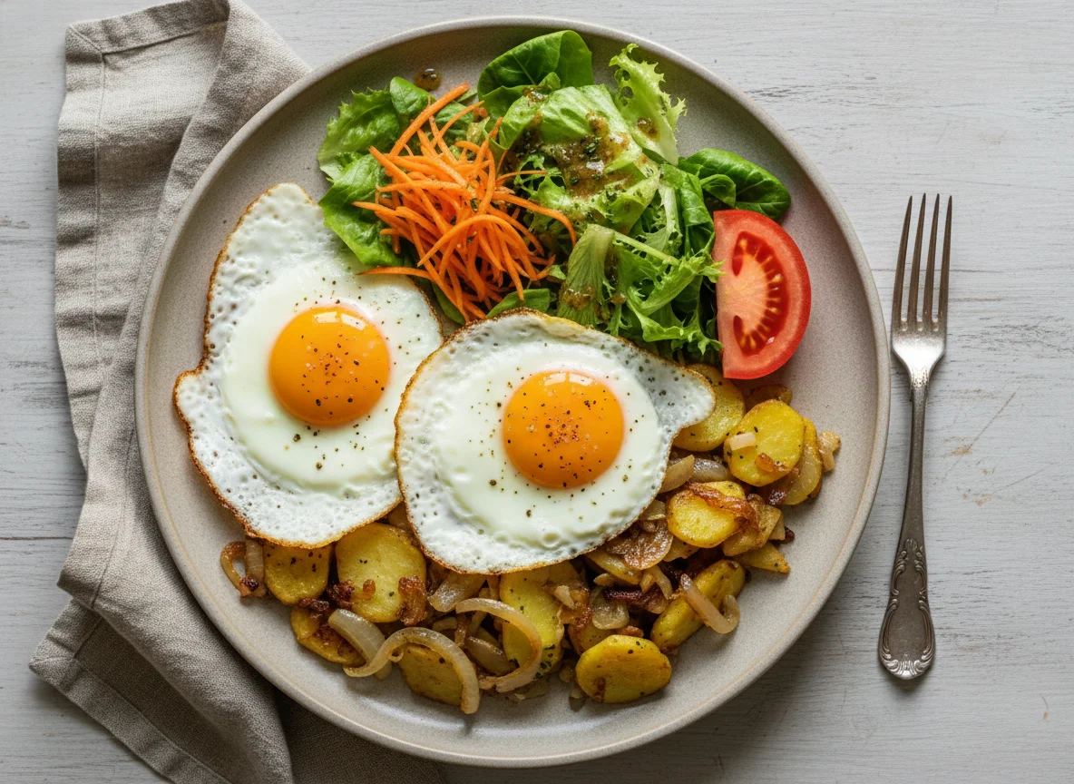 Bauernfrühstück mit Spiegelei und Salat photo