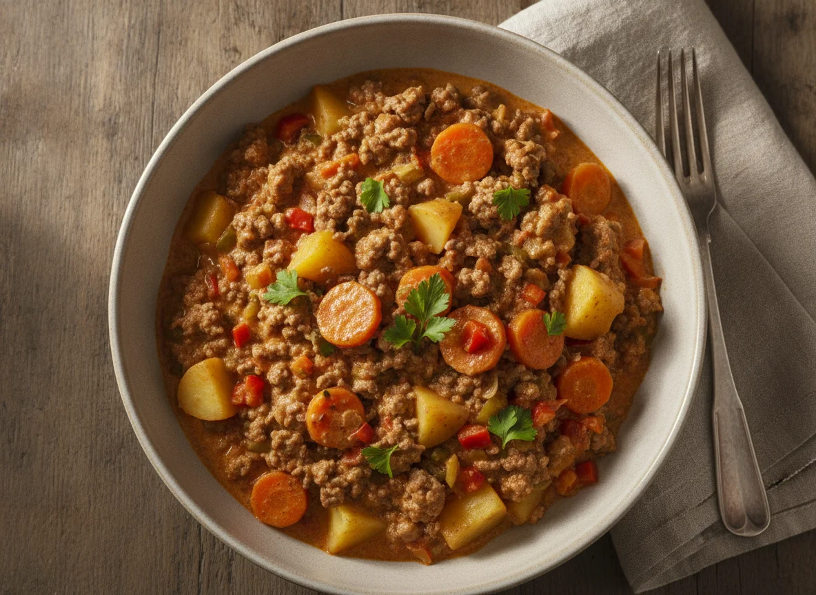 Bauerntopf mit Hackfleisch, Kartoffeln und Möhren photo