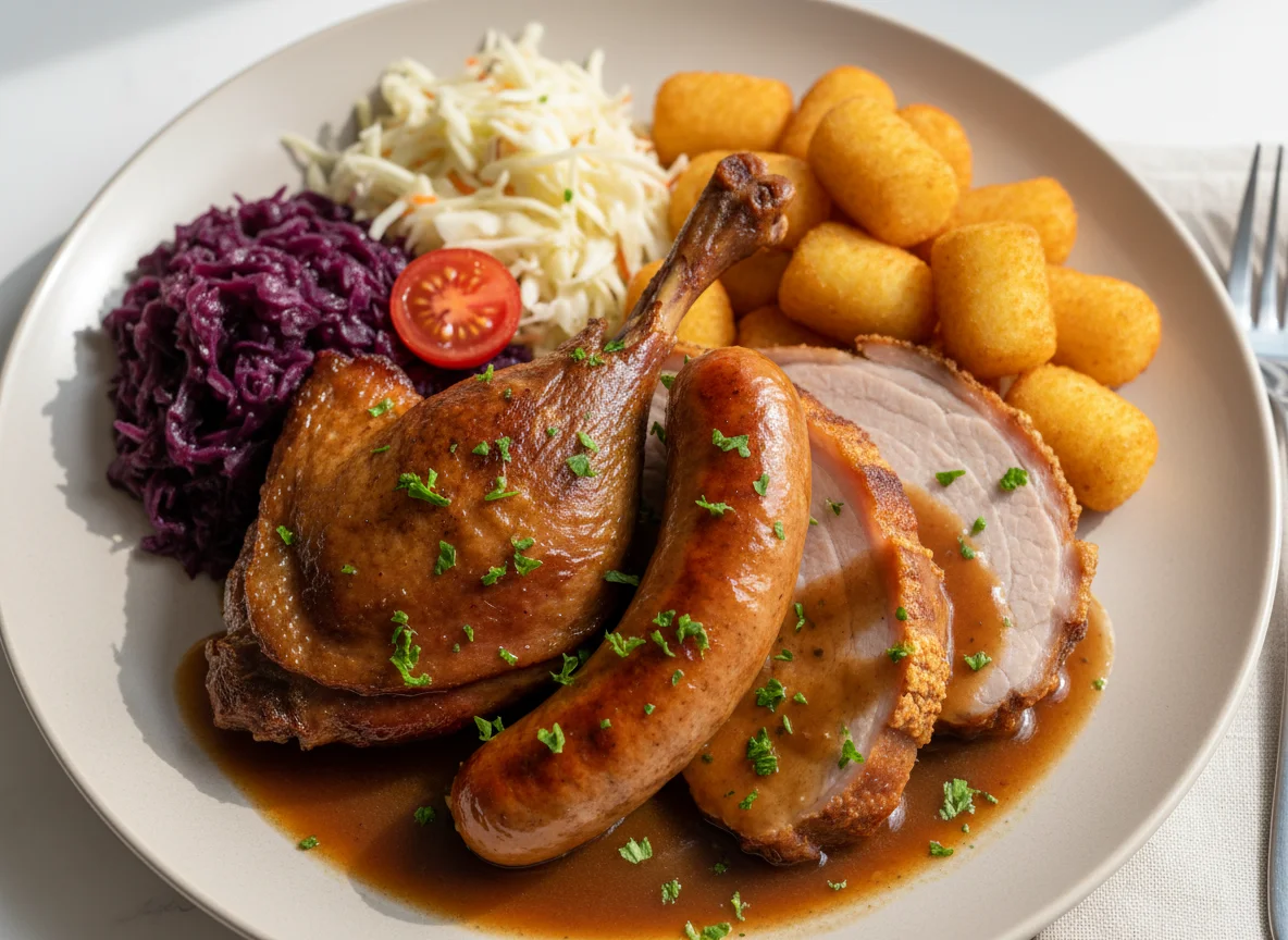 Bayerischer Braten- und Wurstteller mit Beilagen photo