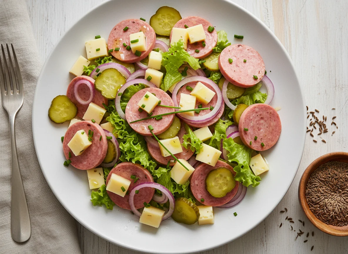 Bayerischer Wurstsalat mit Käse photo