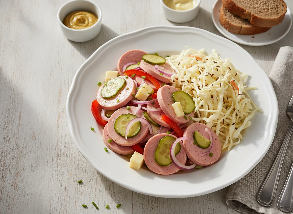 Bayerischer Wurstsalat mit Krautsalat photo
