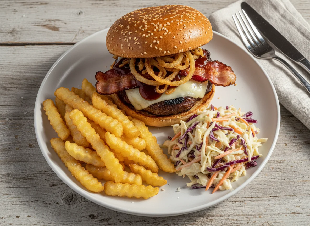 BBQ Bacon Burger mit Pommes und Krautsalat photo