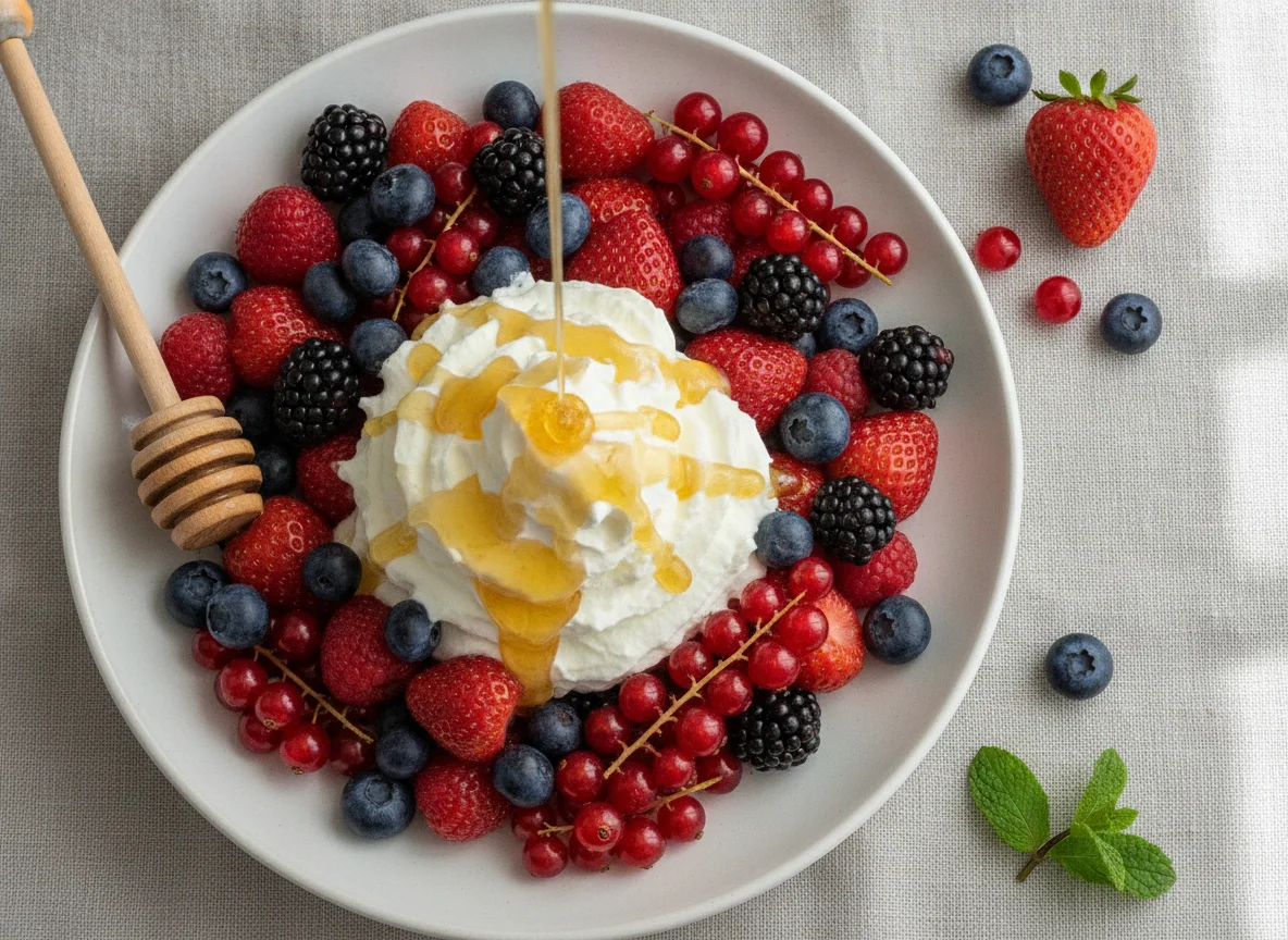 Beeren mit Schlagsahne und Honig photo