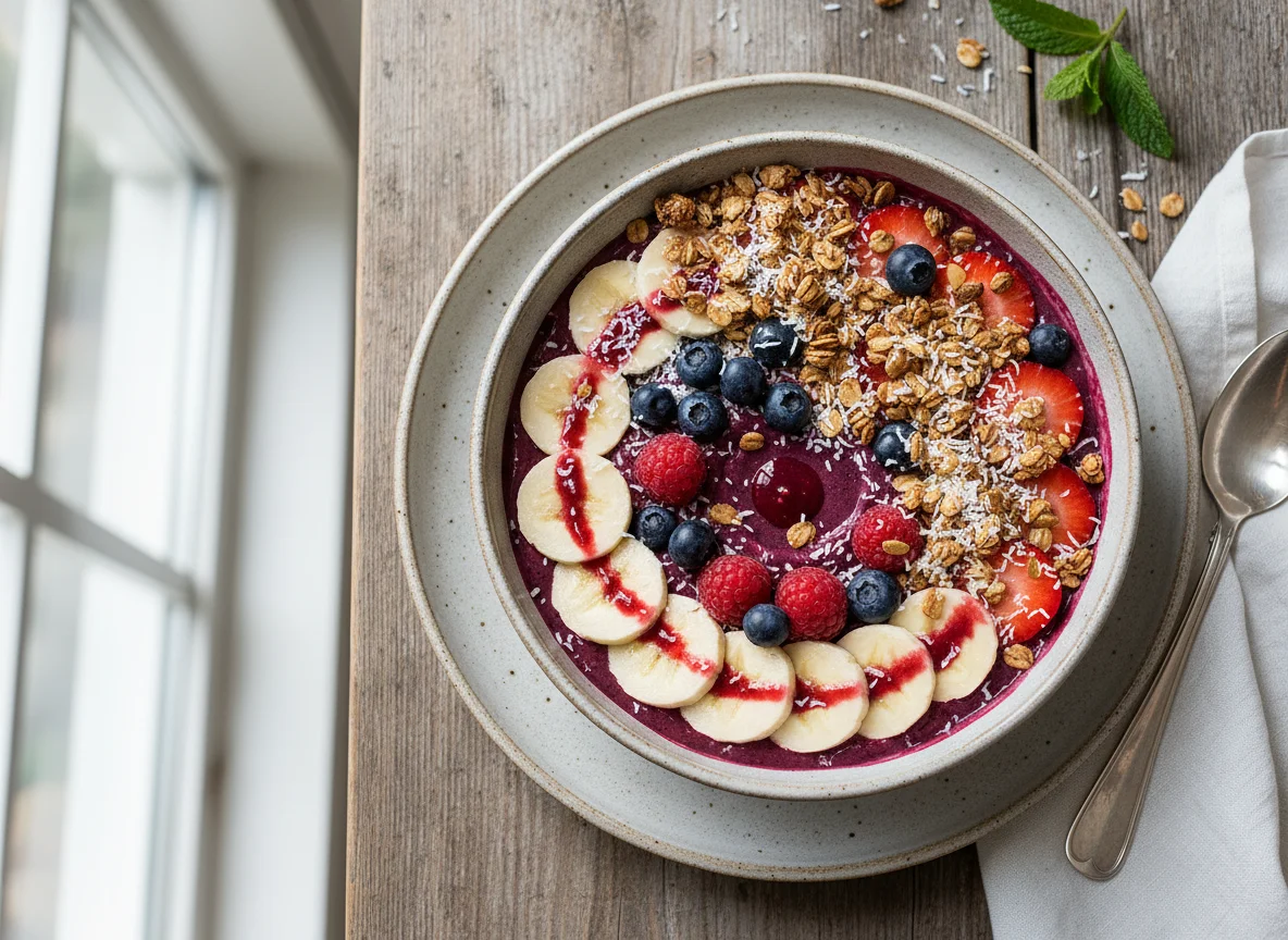 Beeren-Bananen-Bowl mit Granola und Kokosraspeln photo