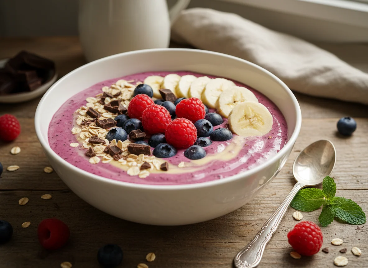 Beeren-Bananen-Smoothie-Bowl mit Haferflocken und Schokolade photo